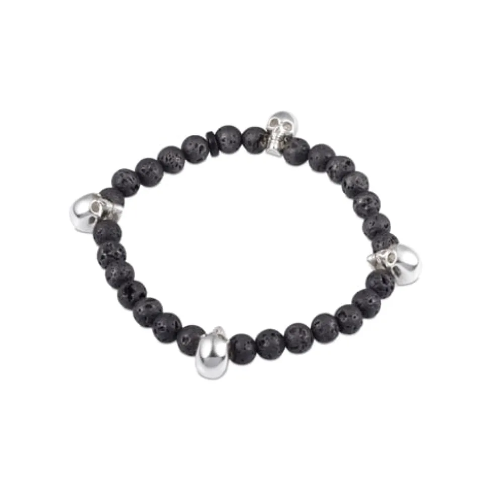 Black Lava Bead Stretch Bracelet with Silver Skulls
