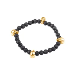 Black Lava Bead Stretch Bracelet with Rose Gold Plate Skulls