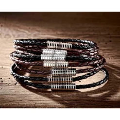 Brown Leather Adjustable Bracelet With Skull Clasp In Silver Finish