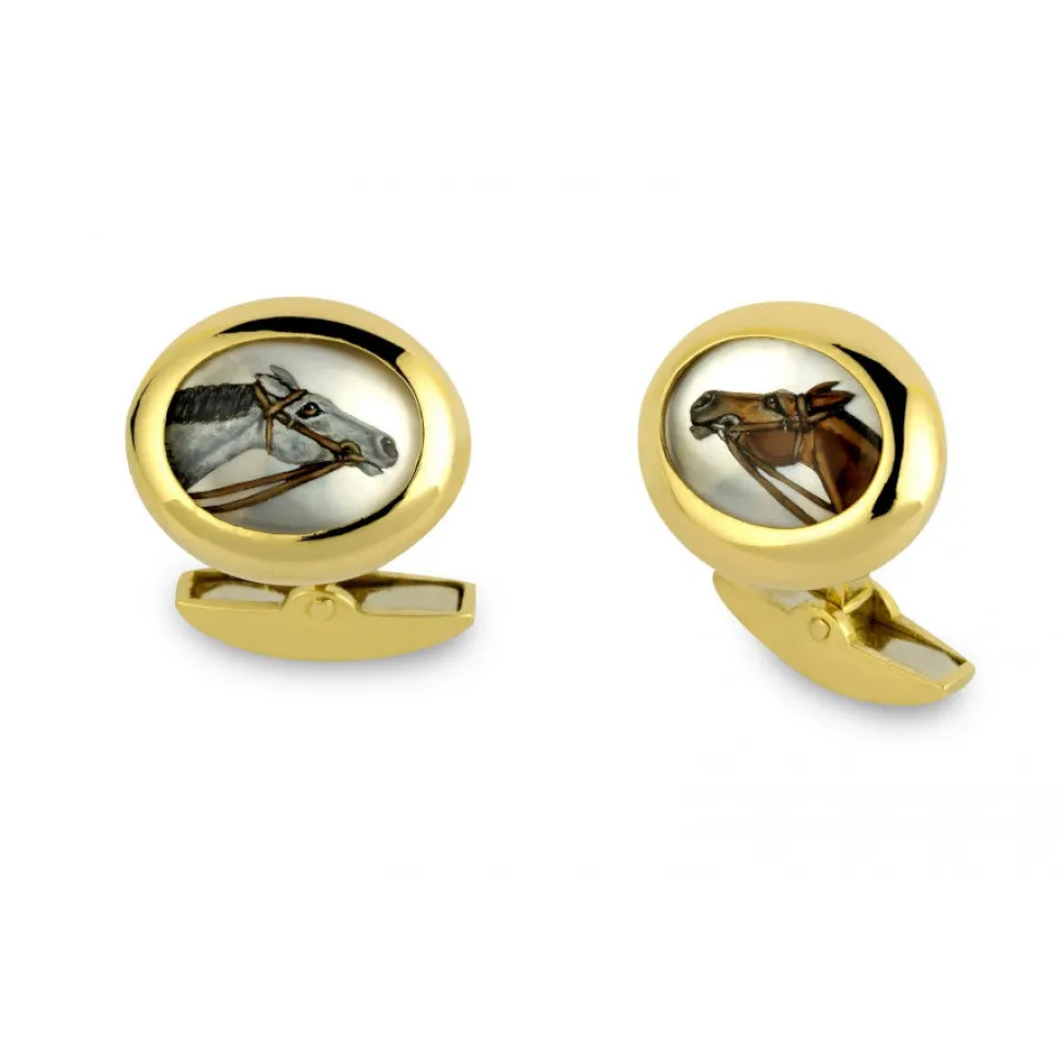 18ct Gold Hand-Painted Crystal Horse Head Cufflinks