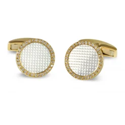 18ct Gold Round Hobnail Patterned Cufflinks with Diamonds and Mother-o