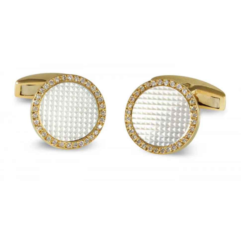 18ct Gold Round Hobnail Patterned Cufflinks with Diamonds and Mother-o