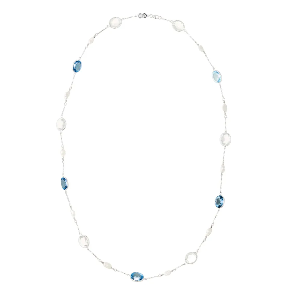 18ct White Gold Blue Topaz, Crystal And Pearl 24'' Necklace