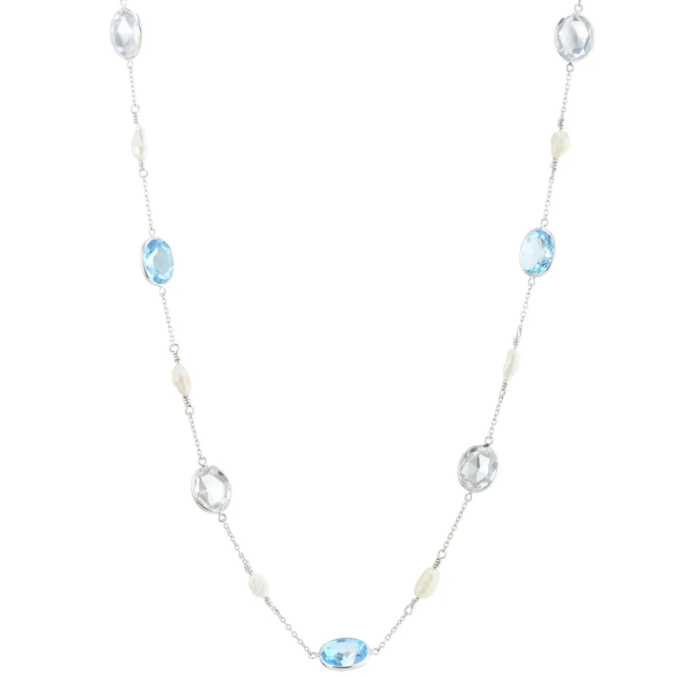 18ct White Gold Blue Topaz, Crystal And Pearl 24'' Necklace
