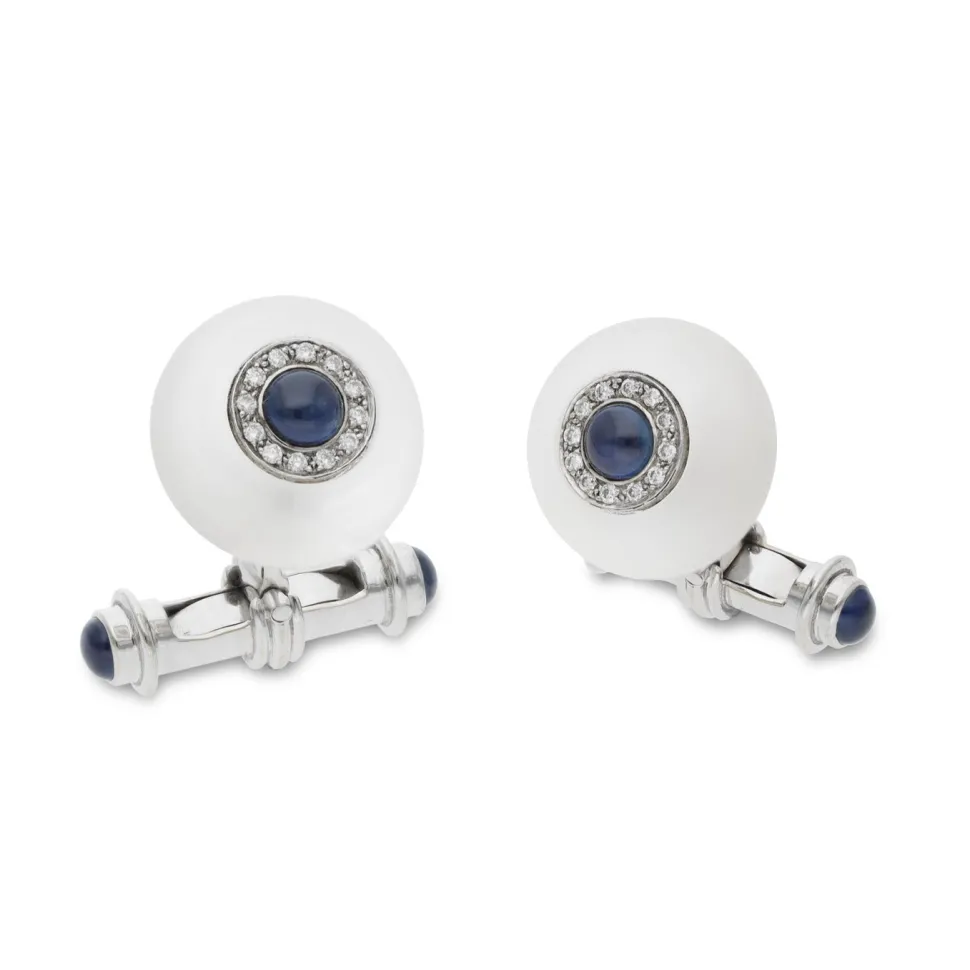 18ct White Gold Cufflinks Rock Crystal, Diamond And Sapphire Cufflinks