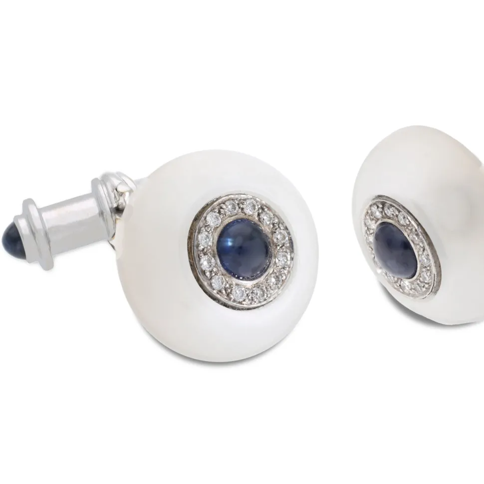 18ct White Gold Cufflinks Rock Crystal, Diamond And Sapphire Cufflinks