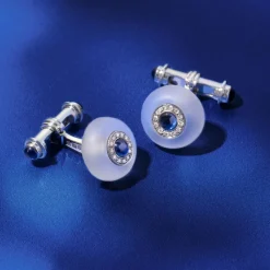 18ct White Gold Cufflinks Rock Crystal, Diamond And Sapphire Cufflinks