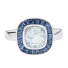 18ct White Gold Cushion Shape Aquamarine Ring With Sapphire Border