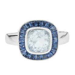 18ct White Gold Cushion Shape Aquamarine Ring With Sapphire Border