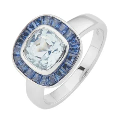 18ct White Gold Cushion Shape Aquamarine Ring With Sapphire Border