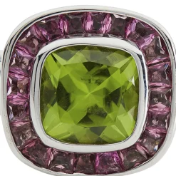 18ct White Gold Cushion Shape Peridot Ring With Pink Tourmaline Border