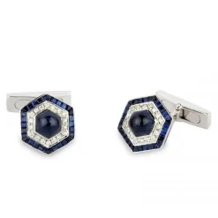 18ct White Gold Hexagonal Cufflinks with Sapphire and Diamond