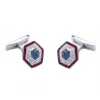 18ct White Gold Hexagonal Cufflinks with Ruby, Sapphire and Diamond