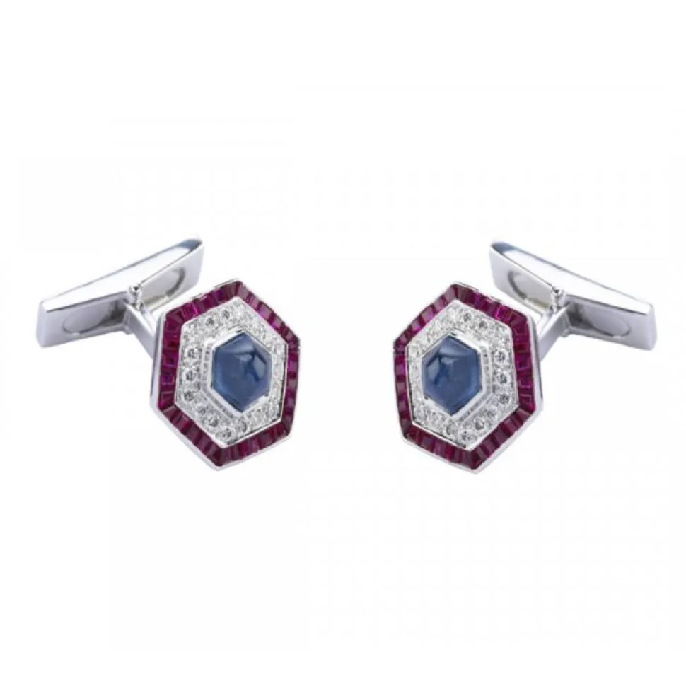 18ct White Gold Hexagonal Cufflinks with Ruby, Sapphire and Diamond
