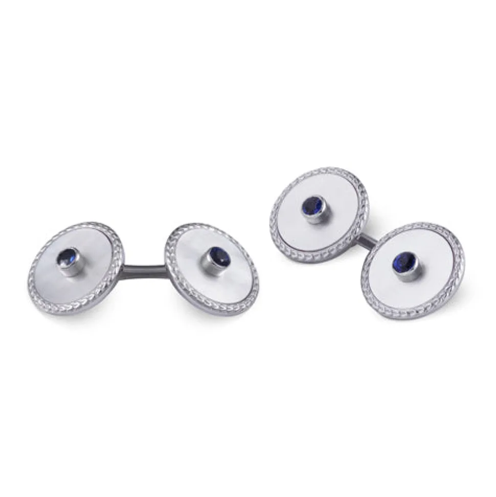 18ct White Gold Mother of Pearl Cufflinks With Patterned Border and Sa