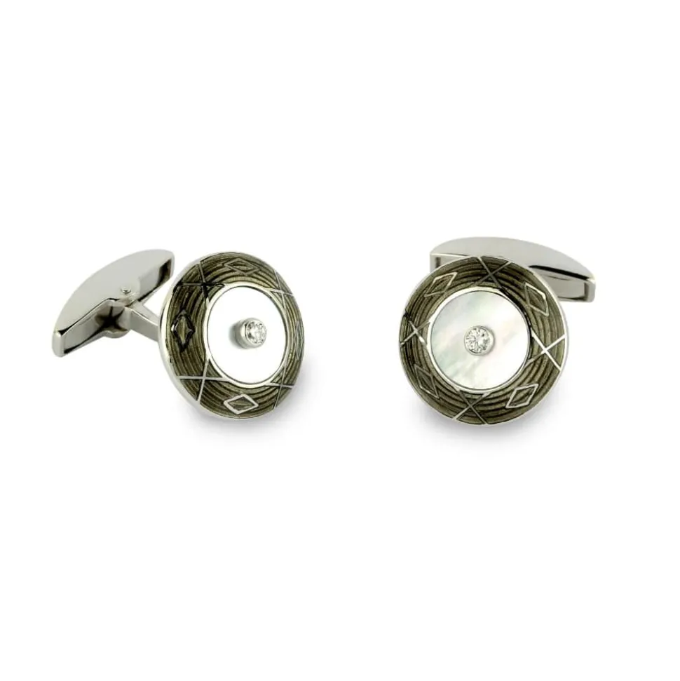 18ct White Gold Mother-Of-Pearl, Grey Enamel And Diamond Cufflinks
