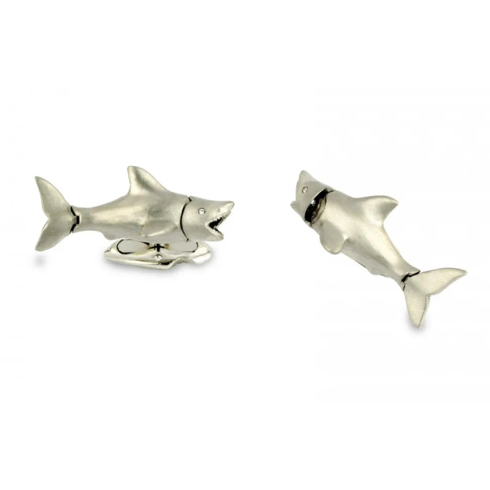 18ct white gold movable Shark cufflinks with diamond eyes.