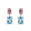18ct White Gold Pink Tourmaline With Blue Topaz Drop Earrings