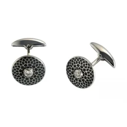 18ct White Gold Round Black Patterned Cufflinks with Diamond Centre