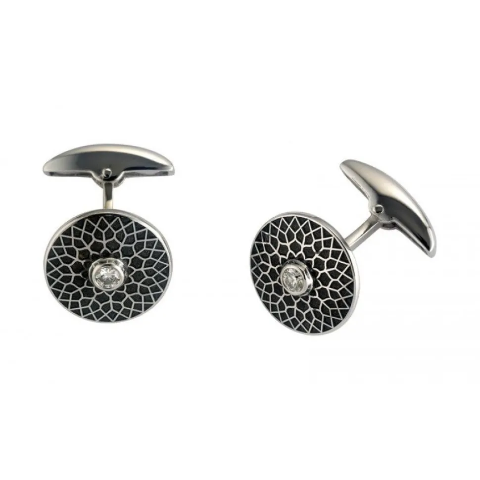 18ct White Gold Round Black Patterned Cufflinks with Diamond Centre