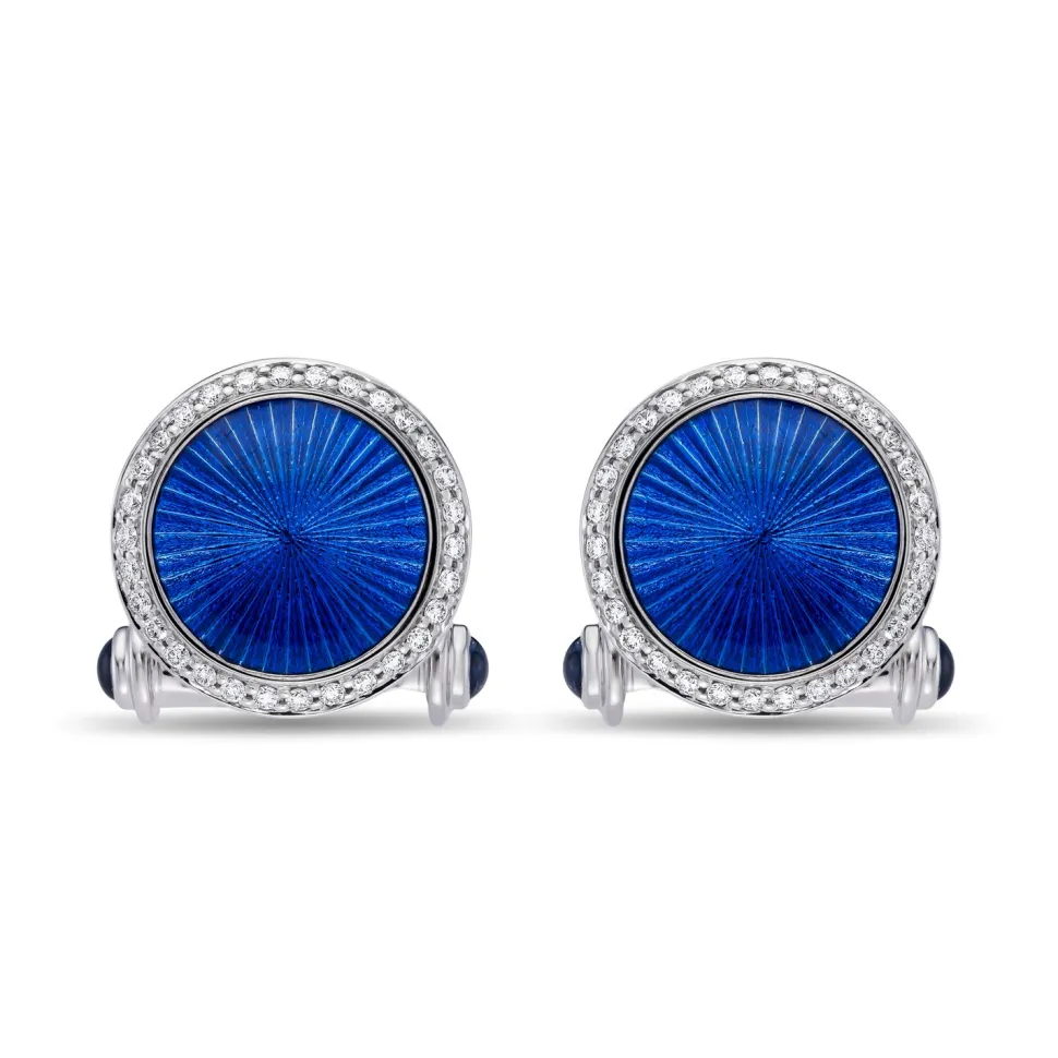 18ct White Gold Round Blue Enamel Cufflinks with Diamond Border and Bl