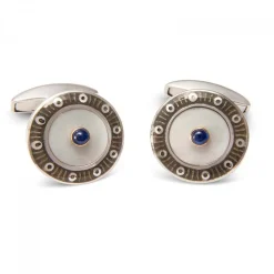 18ct White Gold Round Cufflinks with Dark Grey Border & Mother of Pear