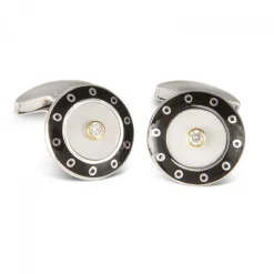 18ct White Gold Round Cufflinks with Black Border & Mother-of-Pearl an