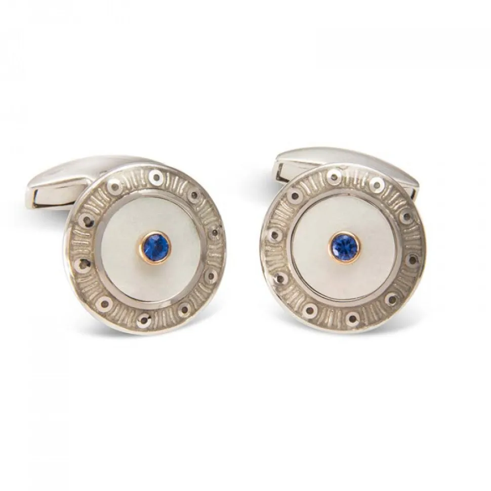 18ct White Gold Round Cufflinks with Light Grey Border & Mother-of-Pea
