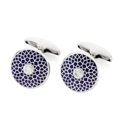 18ct White Gold Round Navy Blue Patterned Cufflinks with Diamond Centr