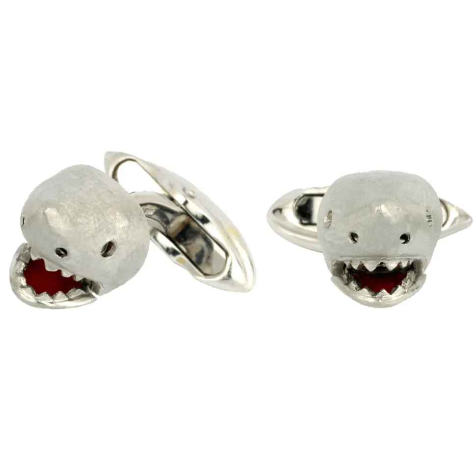 18ct White Gold Shark Cufflinks with Moving Jaw and Diamond Eyes
