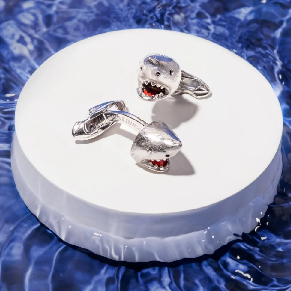 18ct White Gold Shark Cufflinks with Moving Jaw and Diamond Eyes