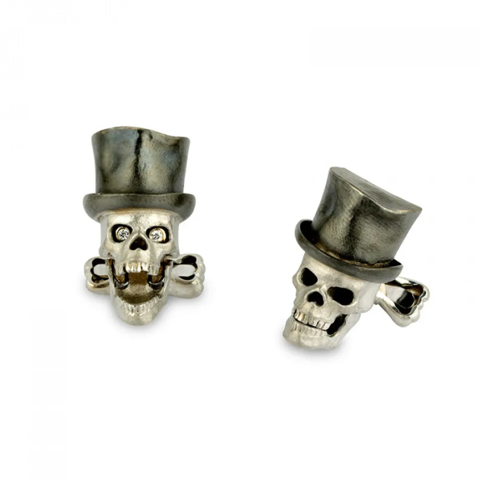 18ct White Gold Skull Cufflinks with Top Hat