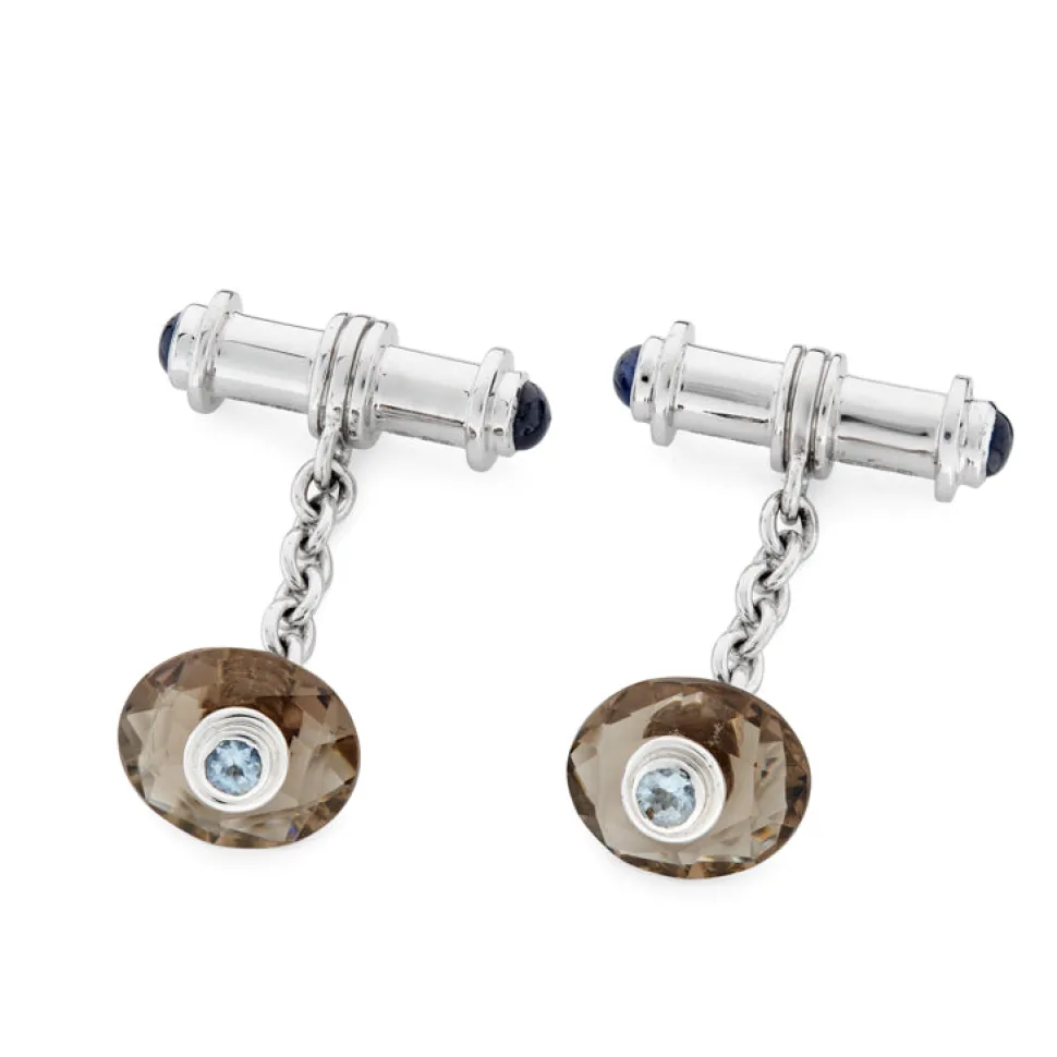 18ct White Gold Smokey Quartz Cufflinks With Sapphire Dumbbell Bars