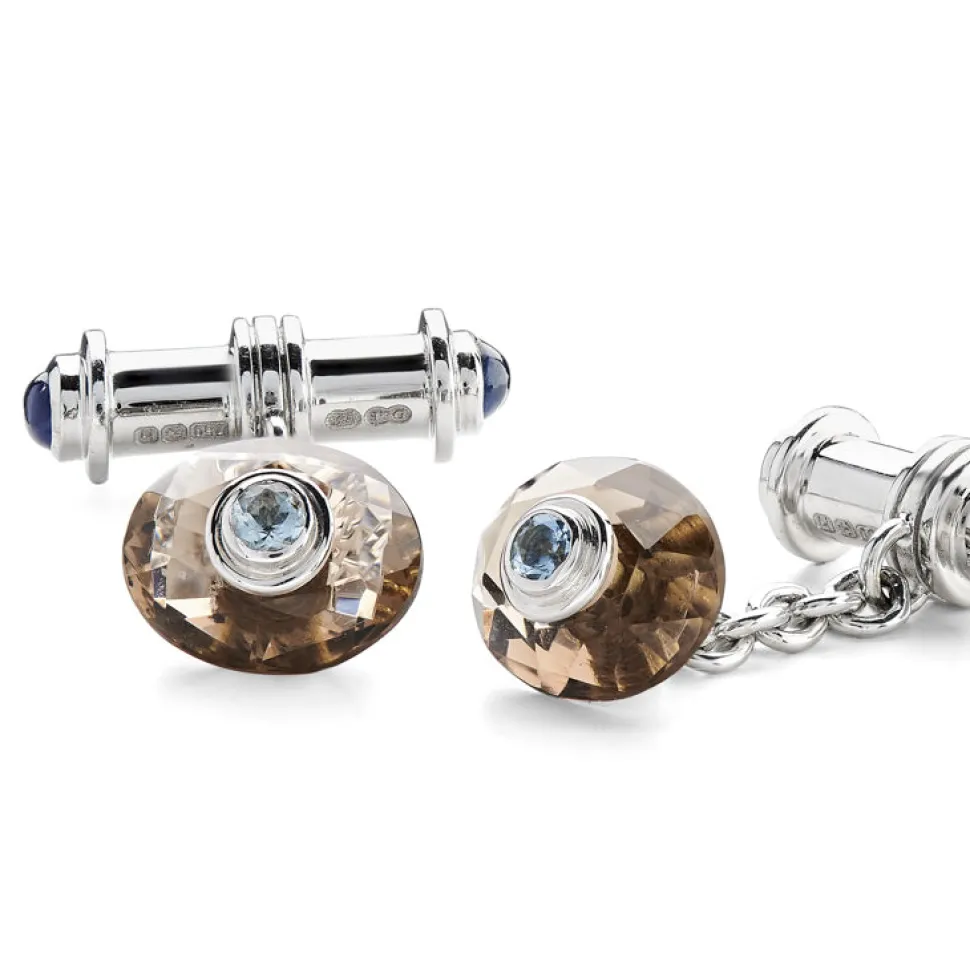 18ct White Gold Smokey Quartz Cufflinks With Sapphire Dumbbell Bars