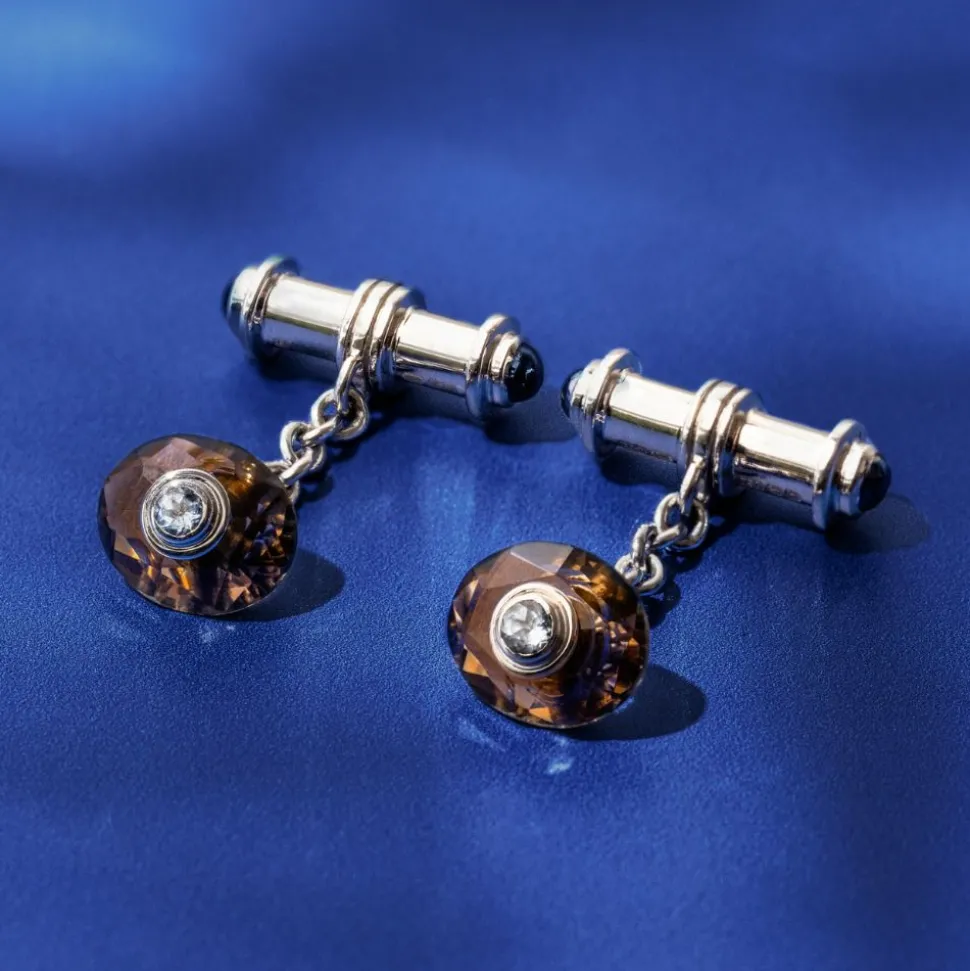 18ct White Gold Smokey Quartz Cufflinks With Sapphire Dumbbell Bars