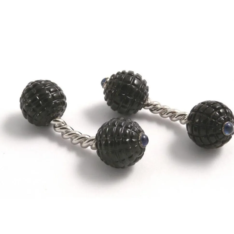 18ct White Gold Smoky Quartz Twisted Bar Cufflinks with Sapphire Gems