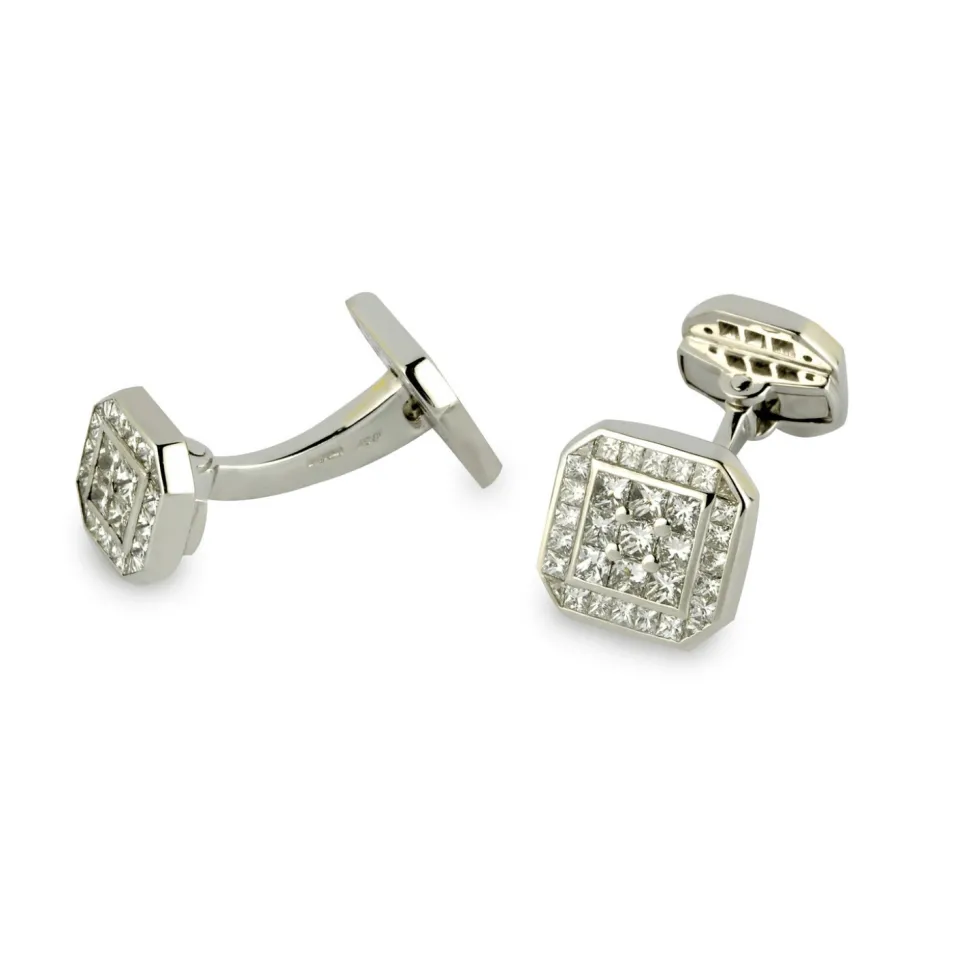 18ct White Gold Square Cufflinks with Diamonds