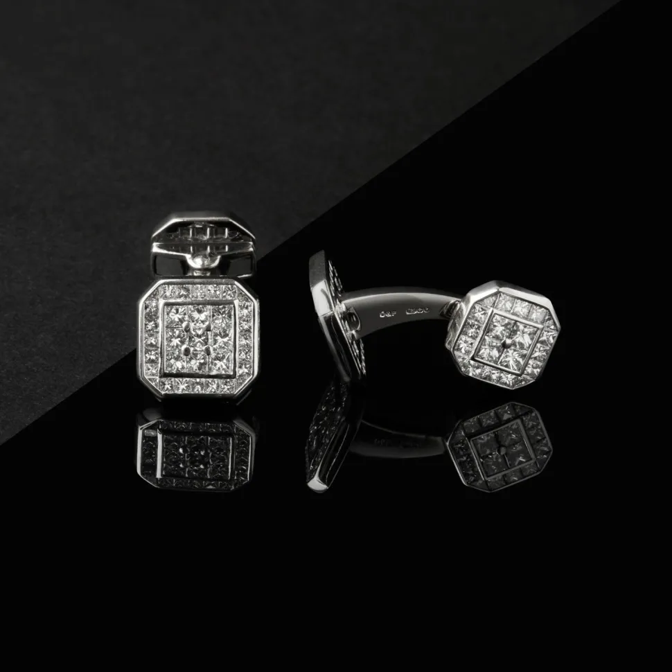 18ct White Gold Square Cufflinks with Diamonds