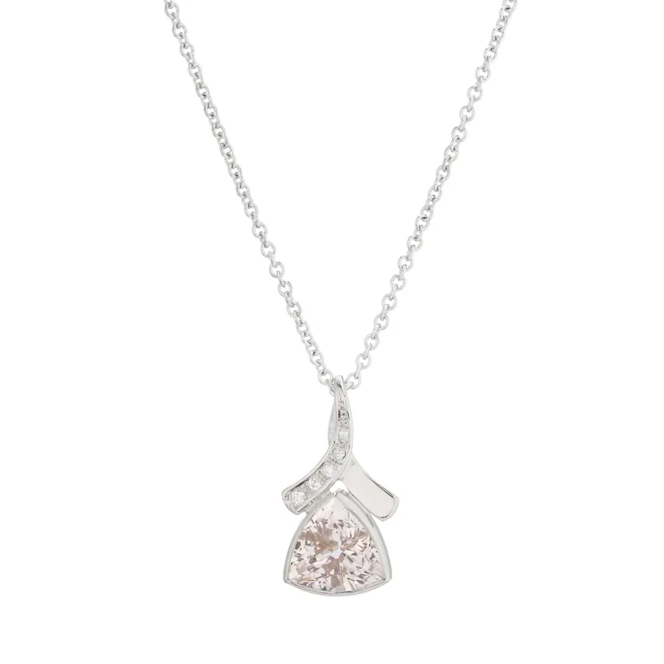 18ct White Gold Trilliant Cut Pink Morganite And Diamond Pendant