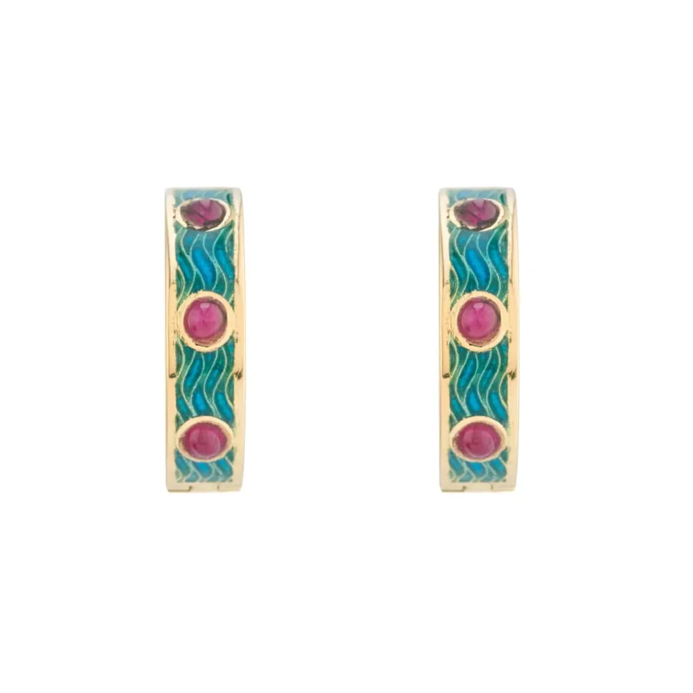 18ct Yellow Gold Blue Enamel And Ruby Hoop Earrings