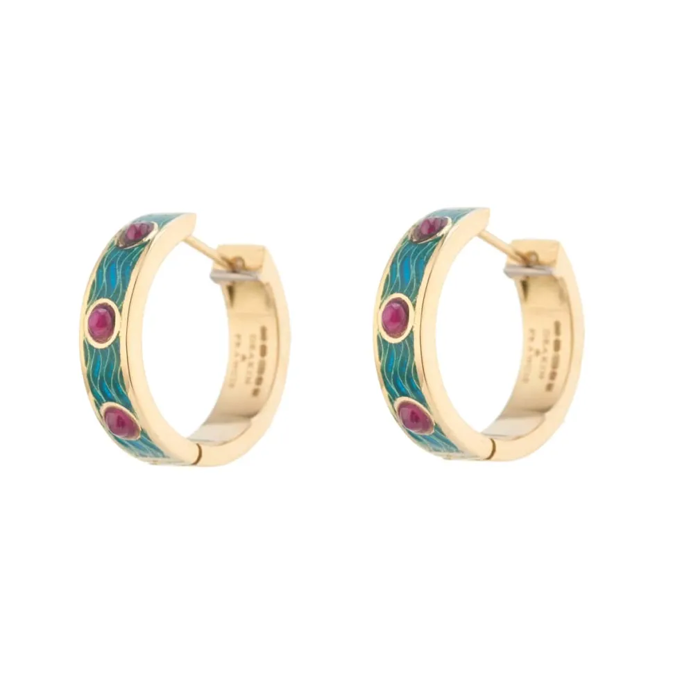 18ct Yellow Gold Blue Enamel And Ruby Hoop Earrings