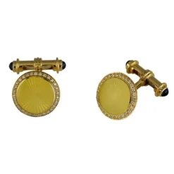 18ct Yellow Gold Cufflinks With Diamond Border And Sapphire Dumbell Re