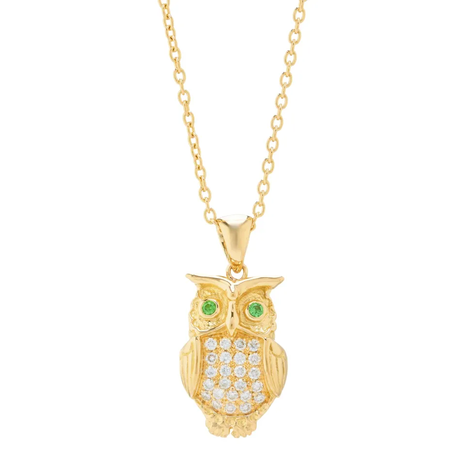18ct Yellow Gold Diamond Owl Pendant With Green Tsavorite Eyes