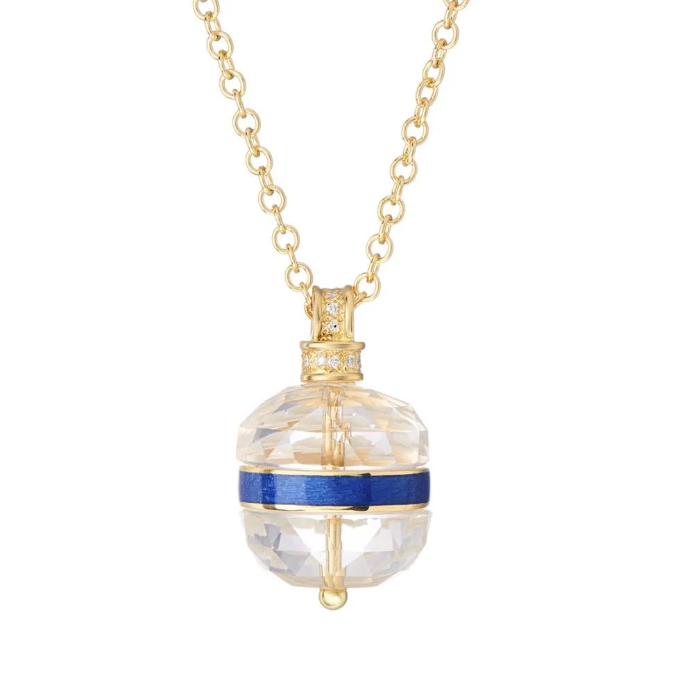 18ct Yellow Gold Facetted Crystal Ball Pendant With Blue Enamel Band A