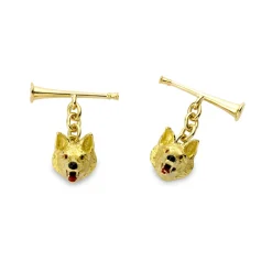 18ct Yellow Gold Fox Head Chain Cufflinks With Hunting Horn