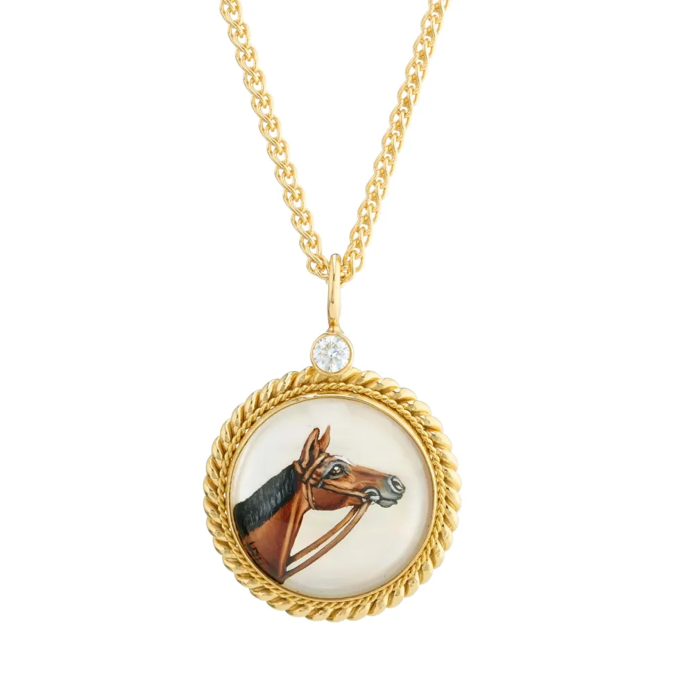 18ct Yellow Gold Hand-Painted Rock Crystal Horse And Diamond Pendant