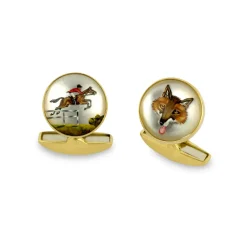 18ct Yellow Gold Hand-Painted Rock Crystal Fox And Hunter Cufflinks