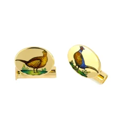 18ct Yellow Gold Hand-Painted Pheasant Cufflinks With Cartridge Fittin