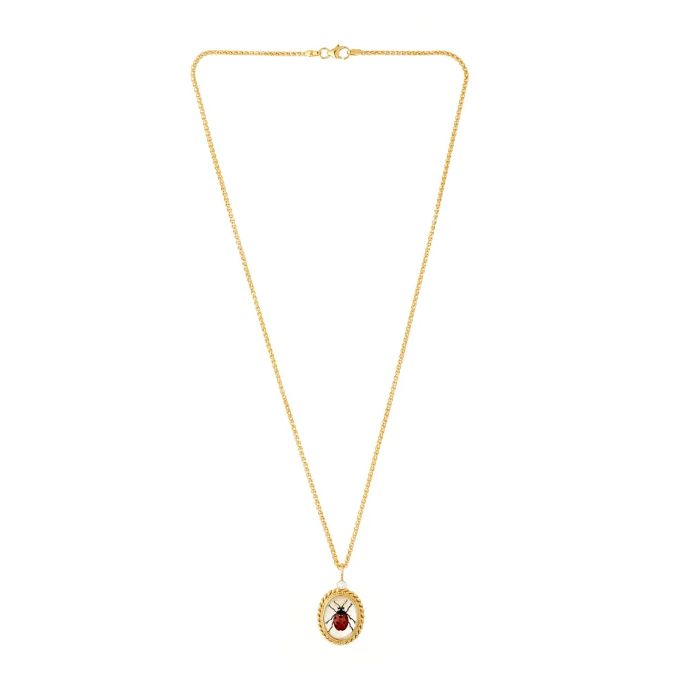 18ct Yellow Gold Hand-Painted Rock Crystal Ladybird And Diamond Pendan