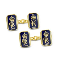 18ct Yellow Gold Oblong Chain Link Coronation Cufflinks - Blue Cufflin